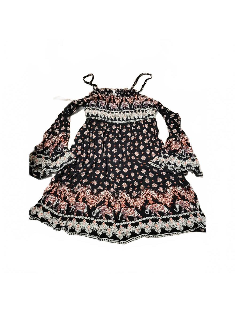 Live 4 Truth Black Elephant Print Off Shoulder Boho Mini Dress Size M